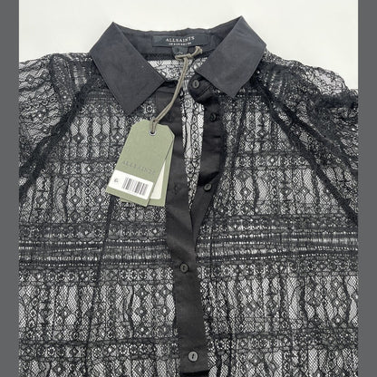 $269 ALLSAINTS "Oana" Black Sheer Lace Relaxed Button Up Shirt Blouse-Sz 4- NWT