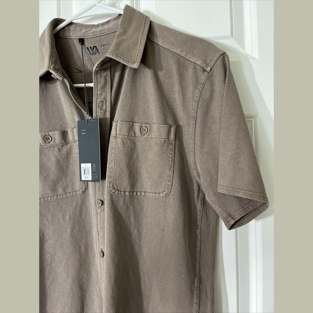 VRST Men's Garment Dye SS Short Sleeve Button Down Shirt- Mushroom-Small-New Tag