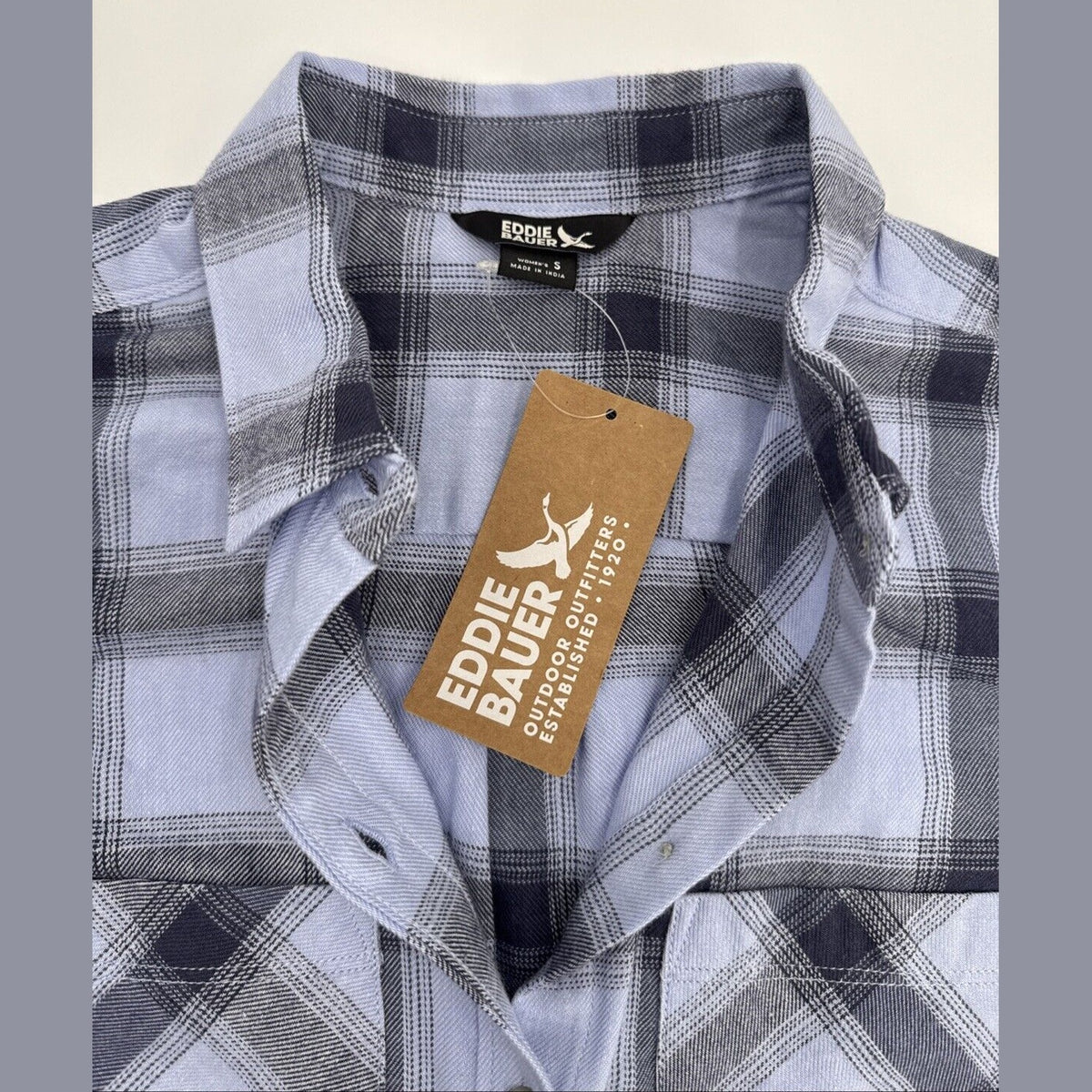 $55 Eddie Bauer Women’s Flannel Button Front Shirt Plaid-Periwinkle-Small-NEW