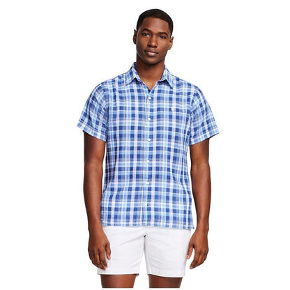 $50 Izod Men’s Linen Blend Madras SS Button Up Shirt-Twilight Blue Plaid-Medium