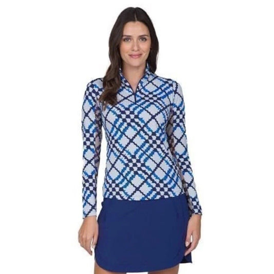 $100 Ibkul Women’s Long Sleeve Zip Mock Neck Top-Sonika -Blue/Navy -Medium -New