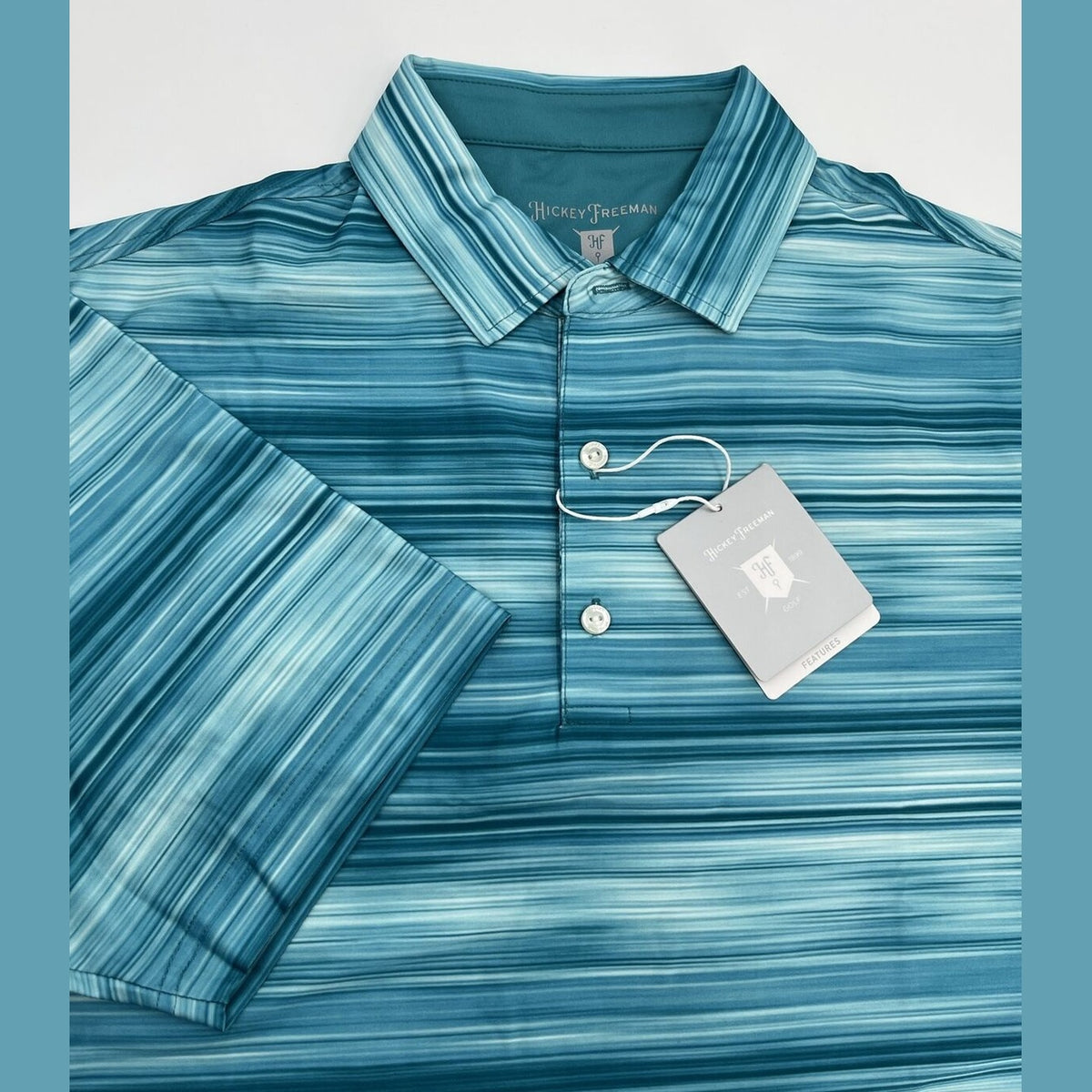 $94 Hickey Freeman Men's Printed GOLF Polo Shirt Stripes - Aqua- Medium-New Tags