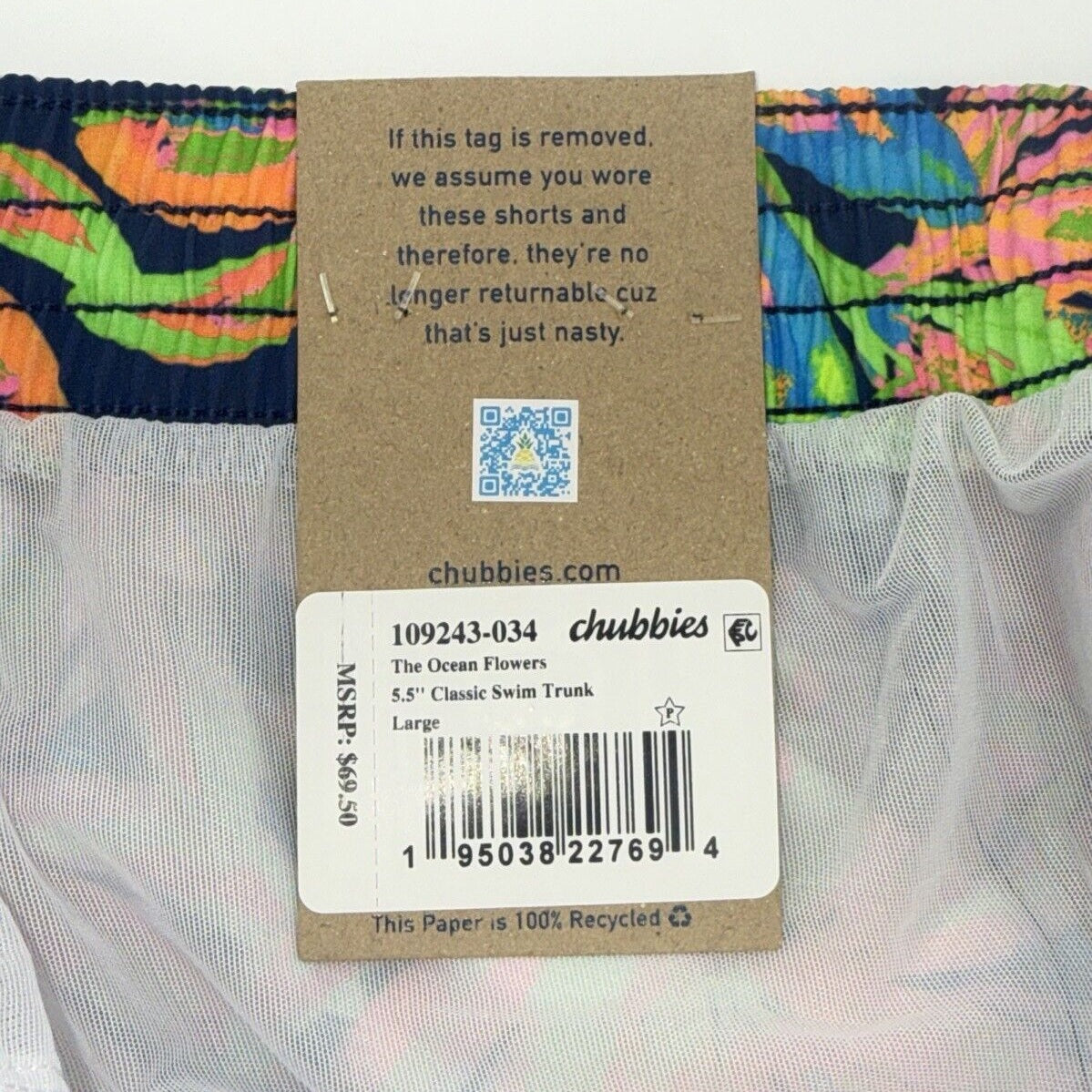 $70 Chubbies The Ocean Flowers 5.5" Inseam Swim Trunks-Multi -Large -New Tag