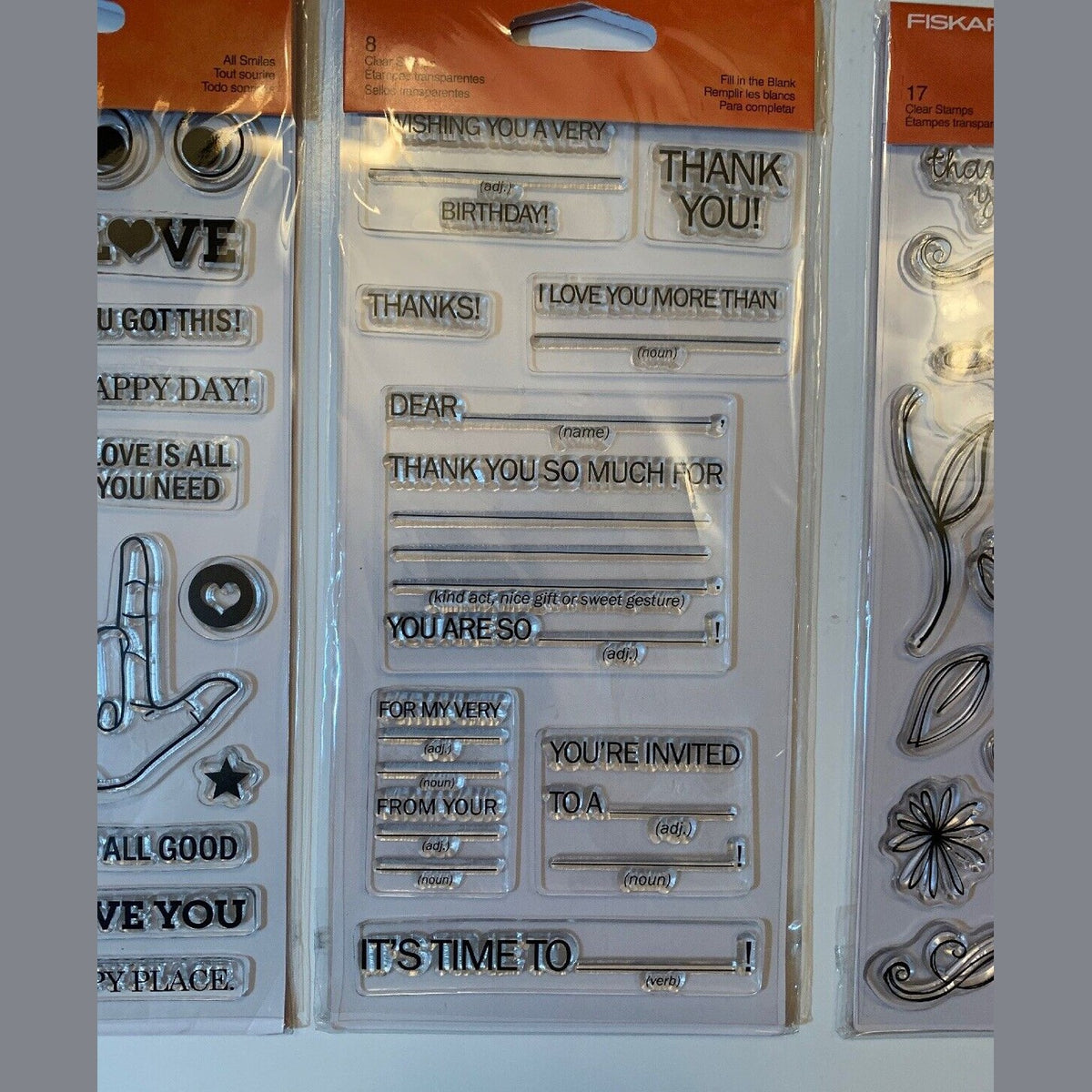 Lot Of 3 Fiskars Clear Stamps 4"X8" - All Smiles, Fill In The Blank, Petals