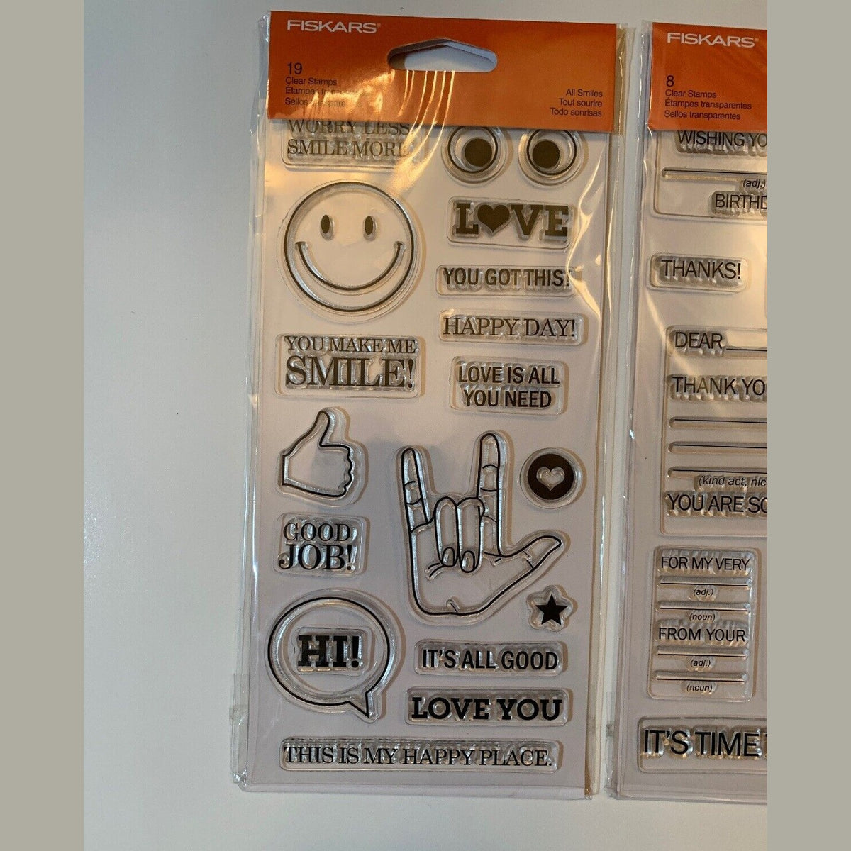 Lot Of 3 Fiskars Clear Stamps 4"X8" - All Smiles, Fill In The Blank, Petals