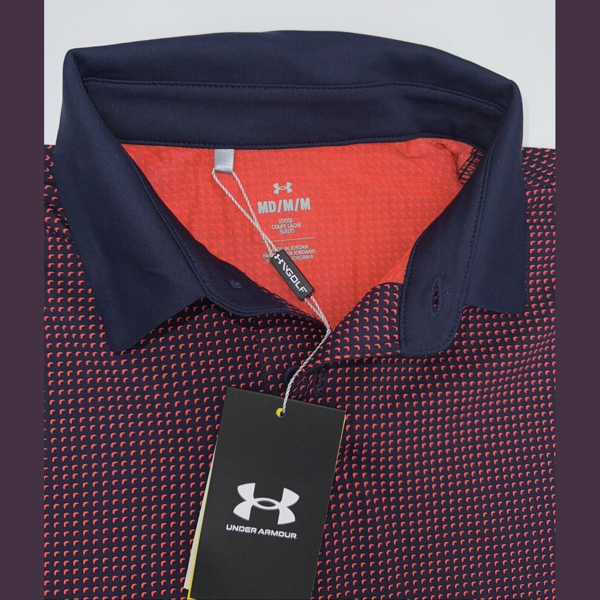 $78 Under Armour Golf Men's T2 Half Moon Polo Shirt- Navy/Orange- Medium-New Tag