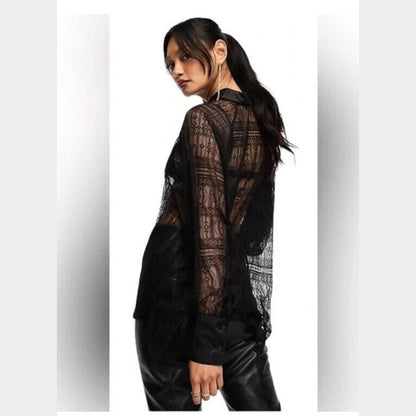 $269 ALLSAINTS "Oana" Black Sheer Lace Relaxed Button Up Shirt Blouse-Sz 4- NWT