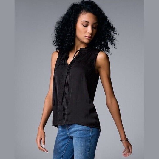 $35 Simply Vera Vera Wang Tie Front Pin-tuck sleeveless Top- Black-Small-New Tag