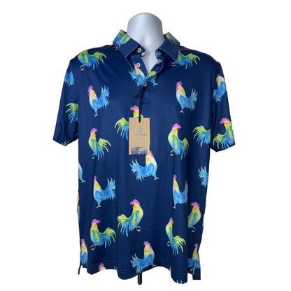 $60 Chubbies Men's The Fowl Play Performance Polo Shirt-Blue Cock-Medium-New Tag