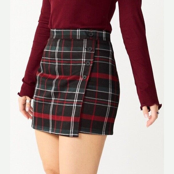 SO® Women’s Junior’s Side Buttoned Faux Wrap Mini Skirt -Red Black Green- Medium