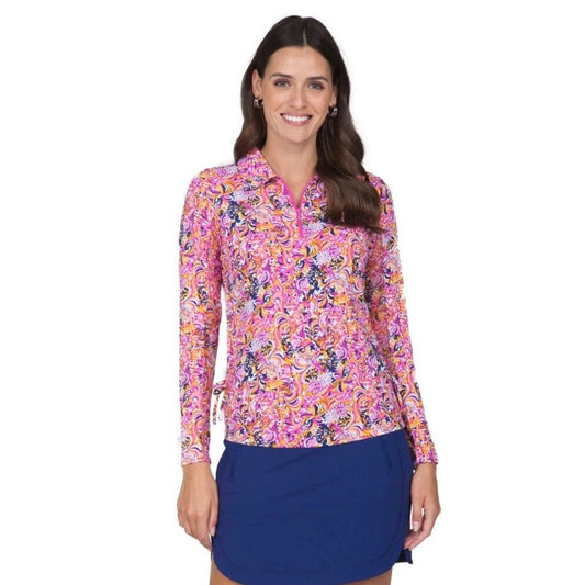 $100 Ibkul Women’s Long Sleeve Zip Mock Neck Top-Marissa-Hot Pink -XLarge -New
