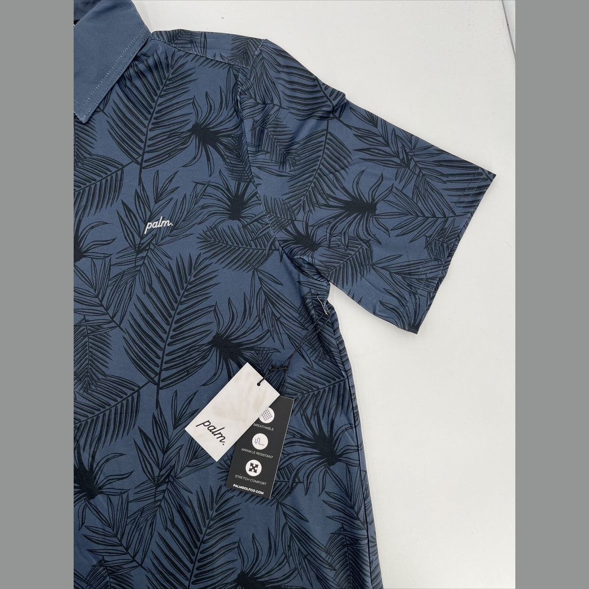 $110 Palm Golf Co. Men's Overlook Print Stretch Golf Polo Shirt- Navy- Medium