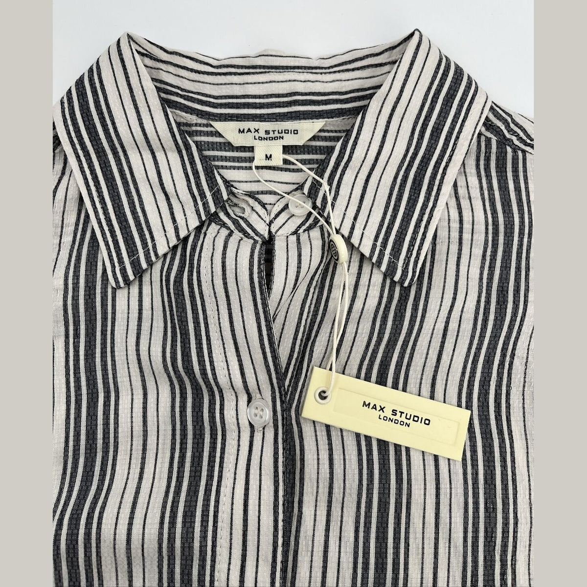 Max Studio Women’s Collard Stripes Blouse Long Sleeve-Black/White-Medium-New $98