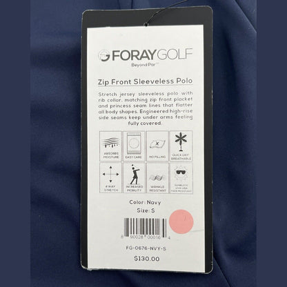 Foray Golf Women’s Zip front sleeveless Polo Shirt-Navy- Small-NEW Tag $130