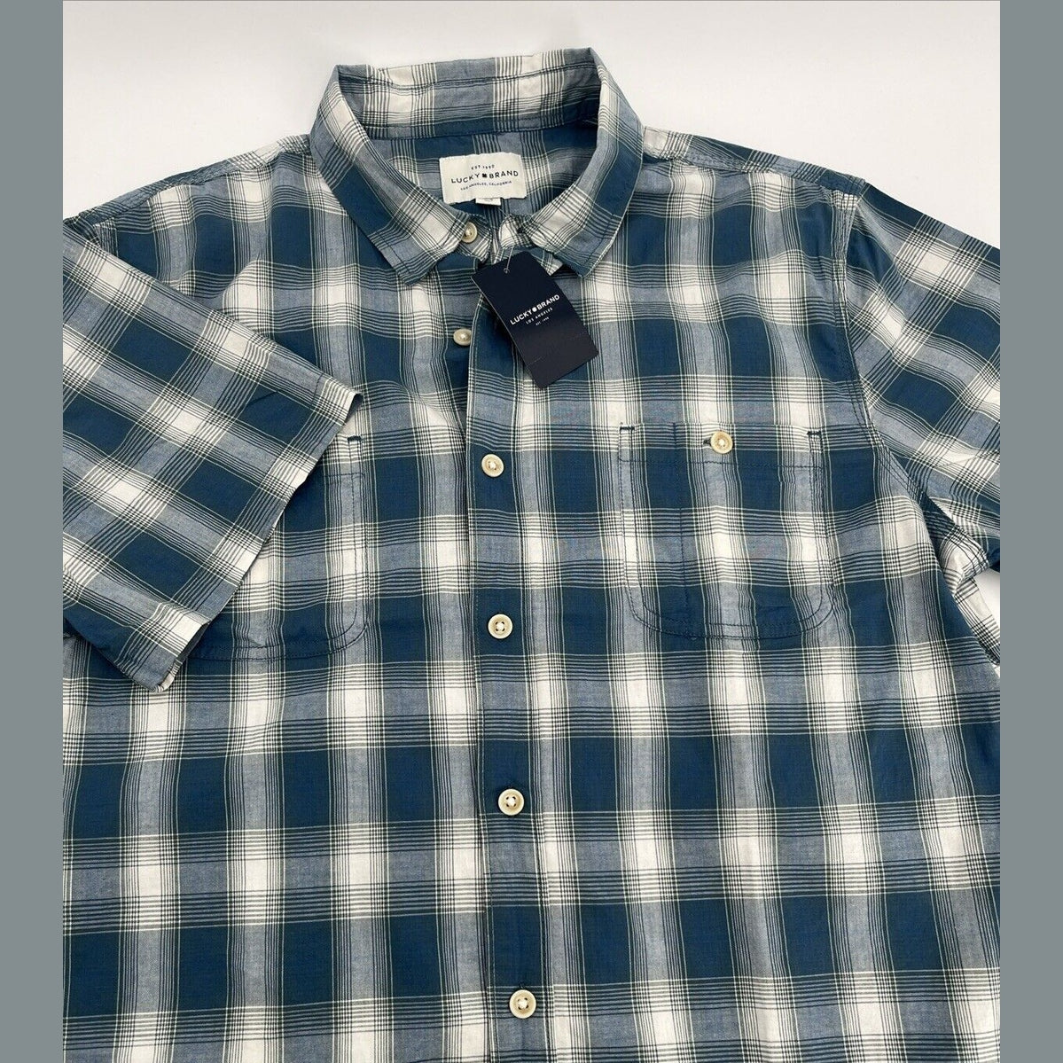 $70 Lucky Brand Men’s Cotton Blend  Mason S/S Shirt Plaid-Blue-Large -New Tag