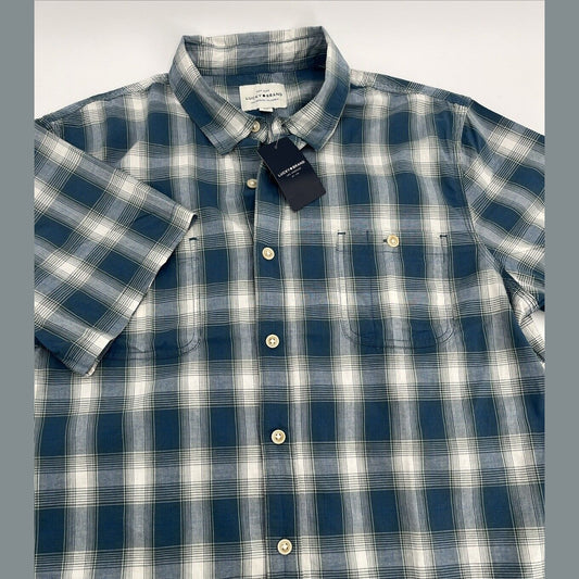 $70 Lucky Brand Men’s Cotton Blend  Mason S/S Shirt Plaid-Blue-Large -New Tag