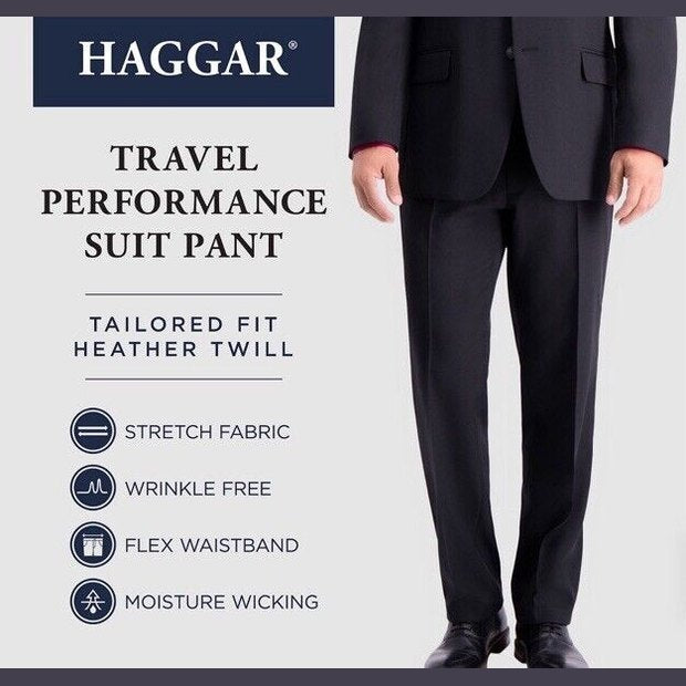 Haggar Men’s Travel PerformanceTailored Fit Flat-Front Suit Pant-Blue-34W 32L