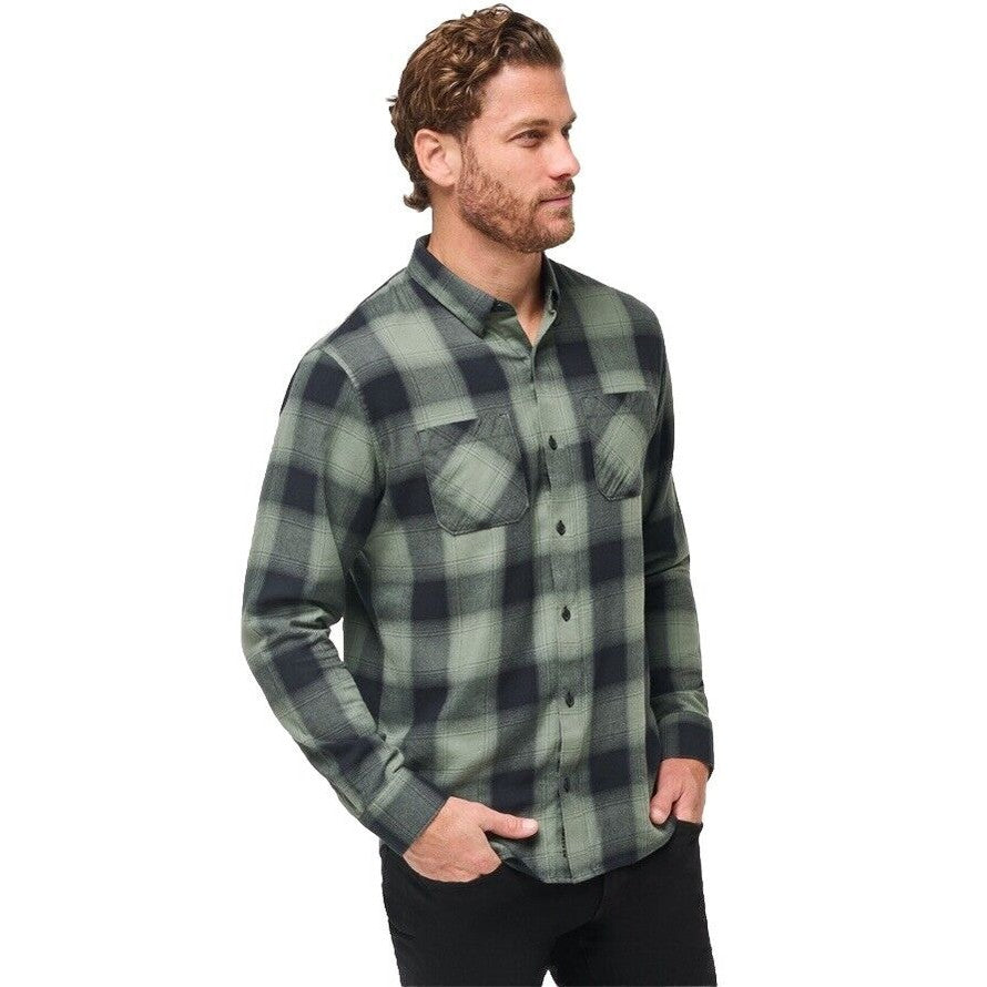 $139 Travis Mathew Men’s Cloud Plaid Flannel Button-Up Shirt-Black/Laurel-Medium
