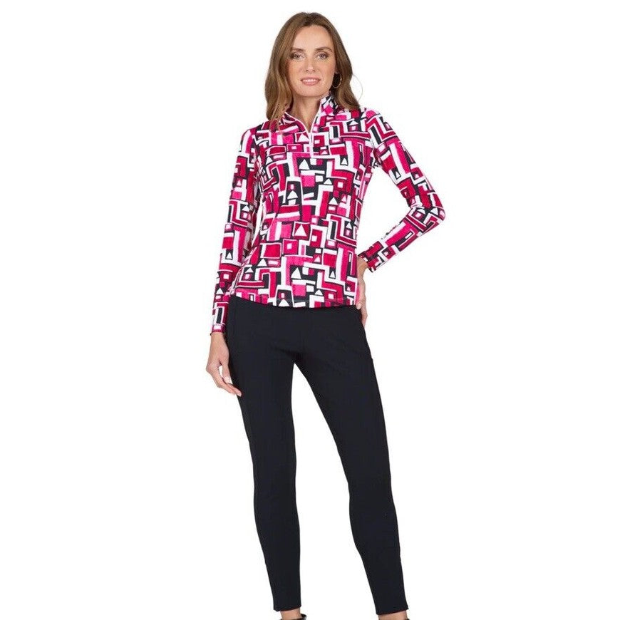 $100 Ibkul Women’s Long Sleeve Zip Mock Neck Top-Jennifer Red -Small -New