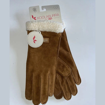 NWT KOOLABURRA BY UGG Sherpa Cuff SUEDE GLOVES Faux Fur Lining -Tan-Large- New