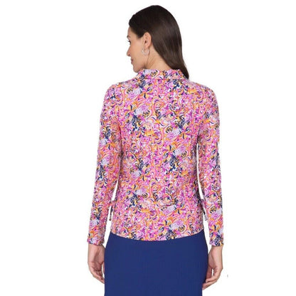 $100 Ibkul Women’s Long Sleeve Zip Mock Neck Top-Marissa-Hot Pink -Small -New
