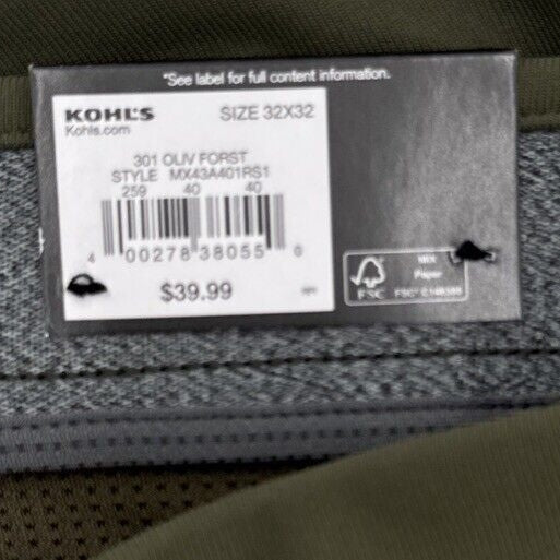FLX Men’s Premium Stretch Slim Chino Pants - Zip Pocket- Olive Forest- 32Wx32L