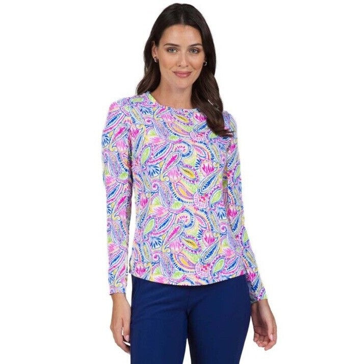 $100 Ibkul Women’s Long Sleeve Crew Neck Top-Massie Hot Pink Yellow- Large -New