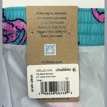 $70 Chubbies The Beach Retreat 5.5" Inseam Swim Trunks-Aqua/Pink- Large -New Tag