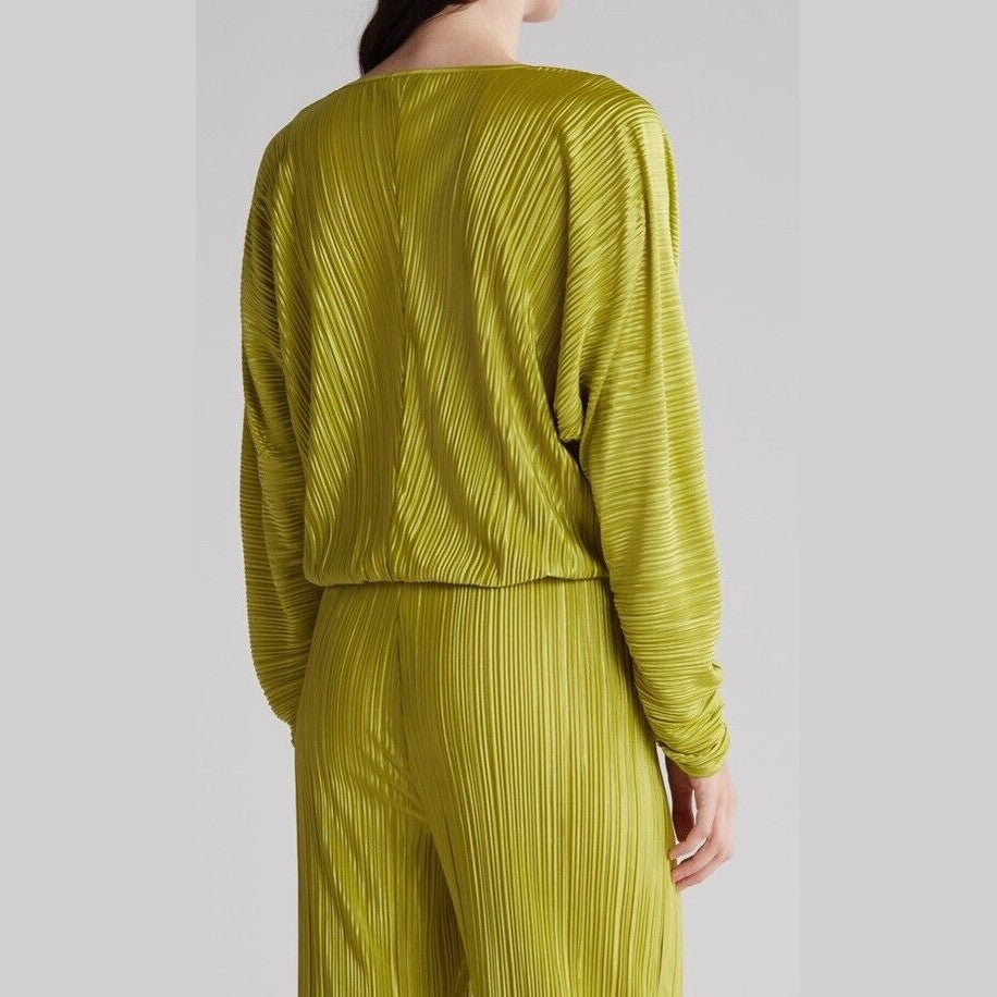 $129 Good American Women’s- Plissé Ruched Top Blouse Shirt- Chartrusse- Size 1/2