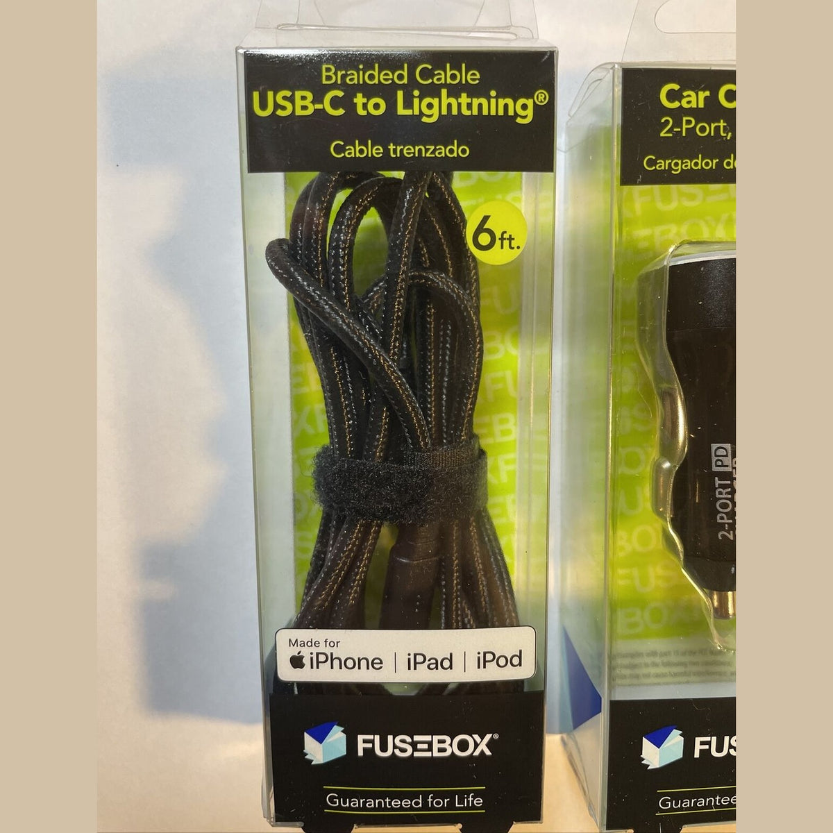 Combo Lot E Filliate, Fusebox 2 Port Car Charger Plus USB-C To Lightning 6ft