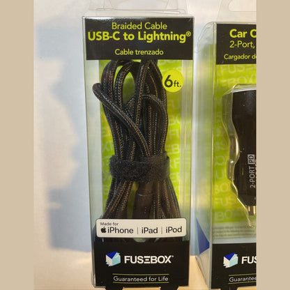 Combo Lot E Filliate, Fusebox 2 Port Car Charger Plus USB-C To Lightning 6ft