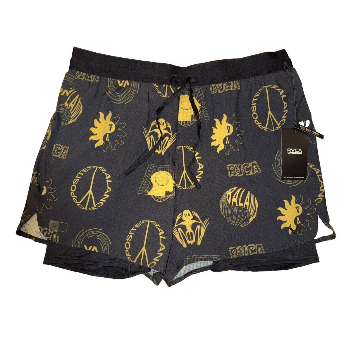 $86 Rvca Men's Active Performance 2 In 1 Runner  Shorts - Black/Gold- Large -New