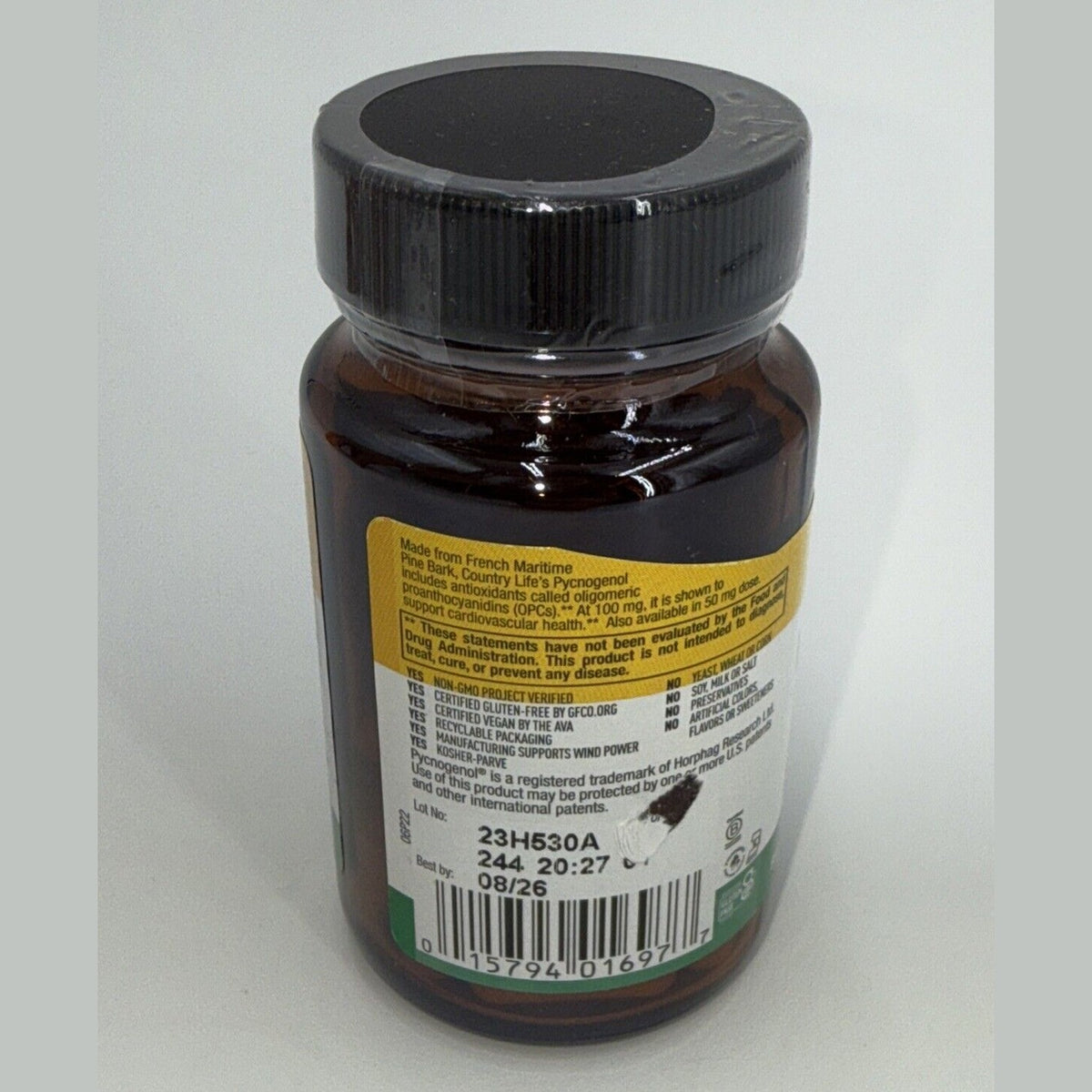 Country Life Pycnogenol 100 mg 30 Veggie Caps Gluten-Free, Kosher Exp 08-2026