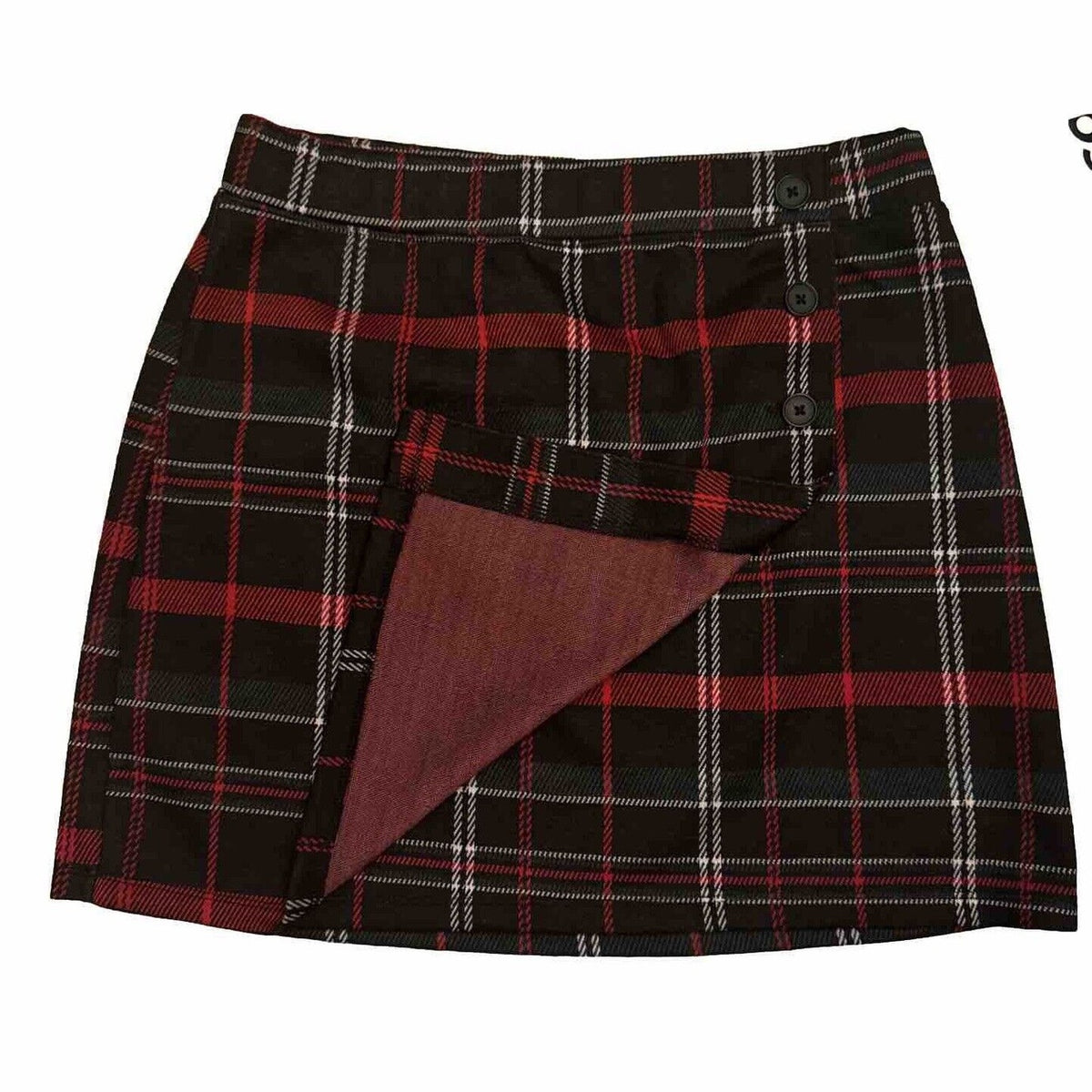 SO® Women’s Junior’s Side Buttoned Faux Wrap Mini Skirt -Red Black Green- Medium