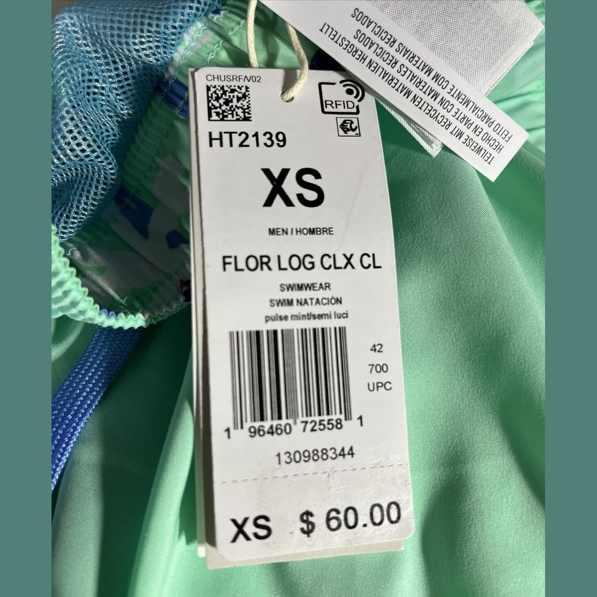 Adidas Swim Trunks Mens Floral Logo 9" Inseam Lined - Pulse Mint- XSmall - New