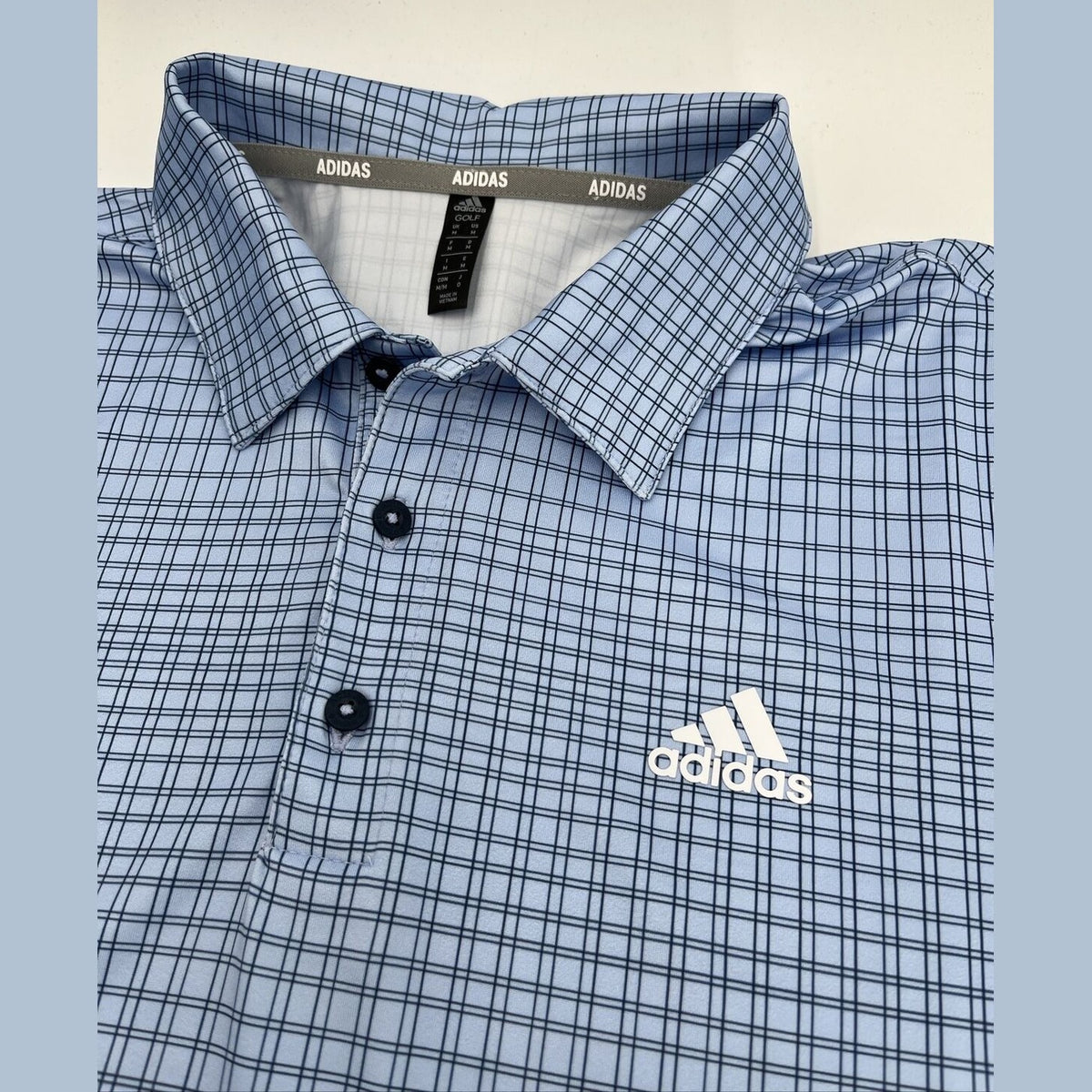$65 Adidas Men’s Plaid Golf Stretch Polo Shirt UPF 50- Blue Dawn- Small-New Tag