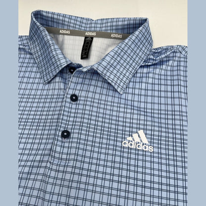 $65 Adidas Men’s Plaid Golf Stretch Polo Shirt UPF 50- Blue Dawn- Small-New Tag