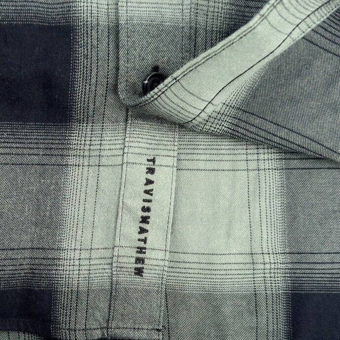 $139 Travis Mathew Men’s Cloud Plaid Flannel Button-Up Shirt-Black/Laurel-Medium
