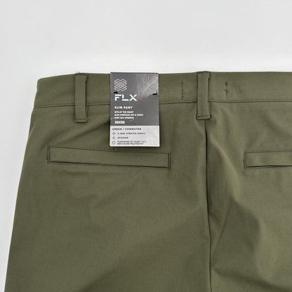 FLX Men’s Premium Stretch Slim Chino Pants - Zip Pocket- Olive Forest- 32Wx32L