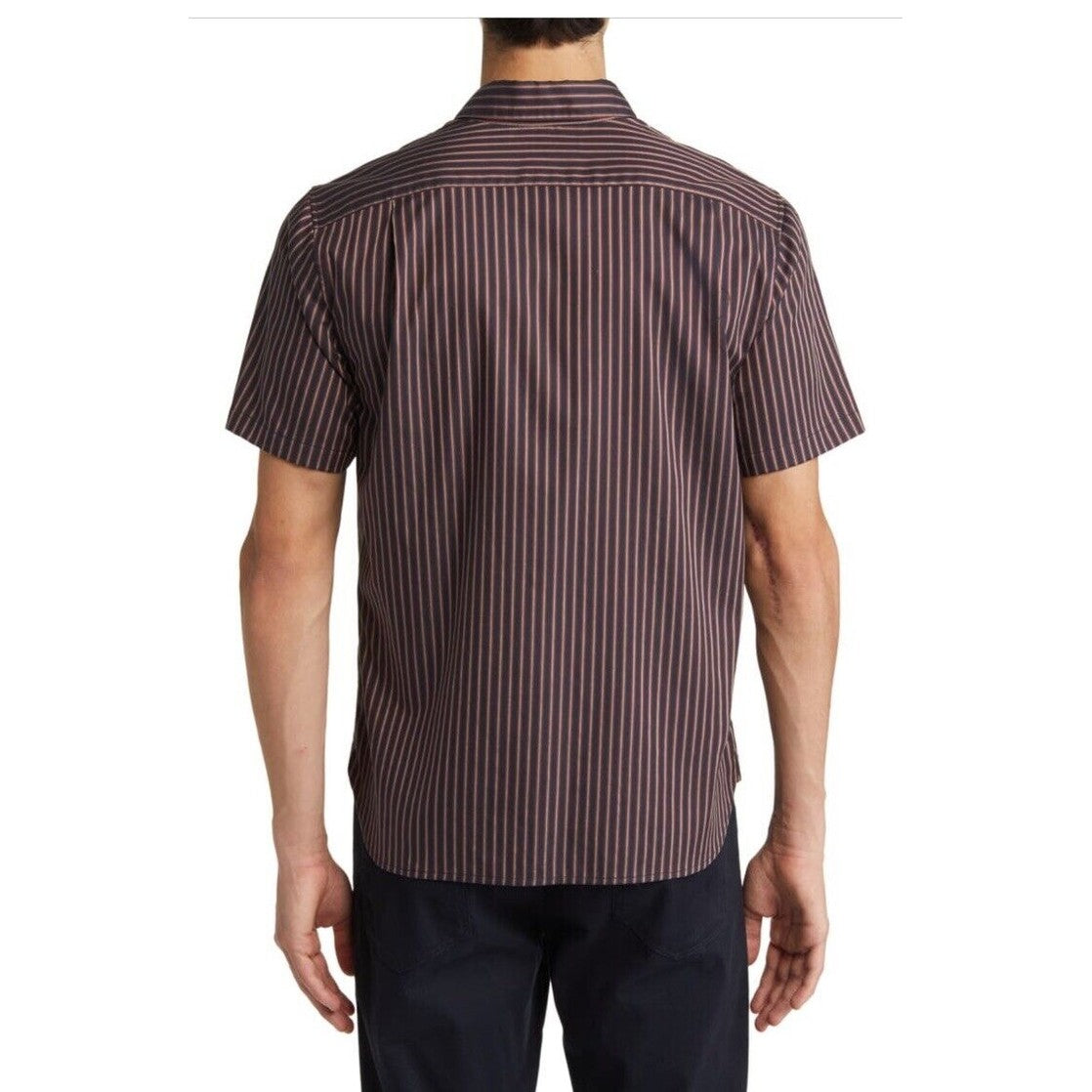 $225 VINCE Men's Claremont Stripe Short Sleeve Button Shirt-Black/Burgnd-Medium