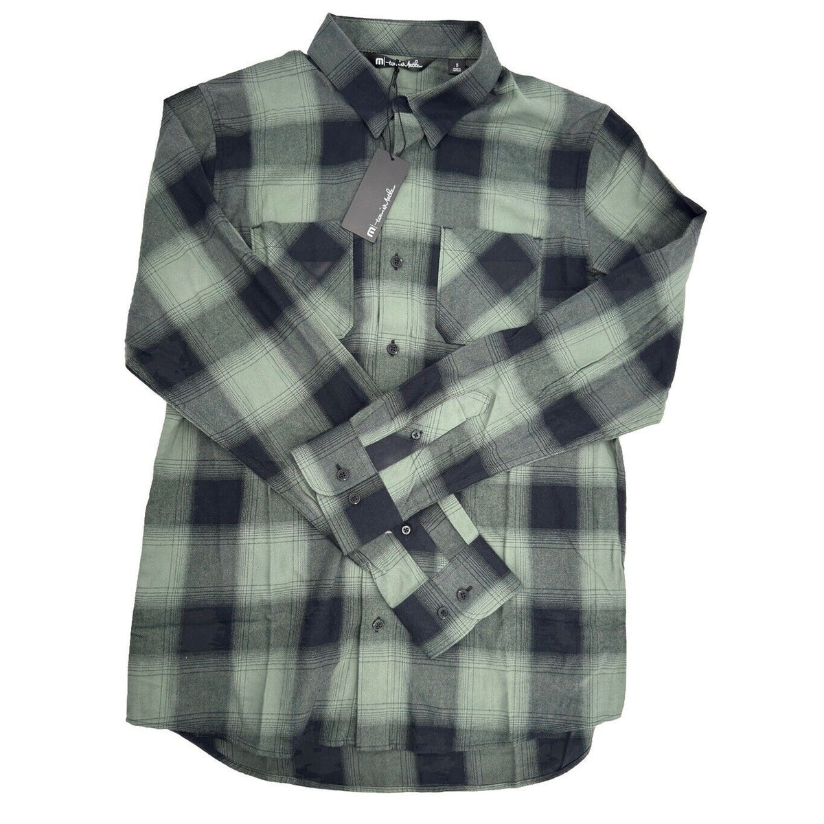 $139 Travis Mathew Men’s Cloud Plaid Flannel Button-Up Shirt-Black/Laurel-Medium