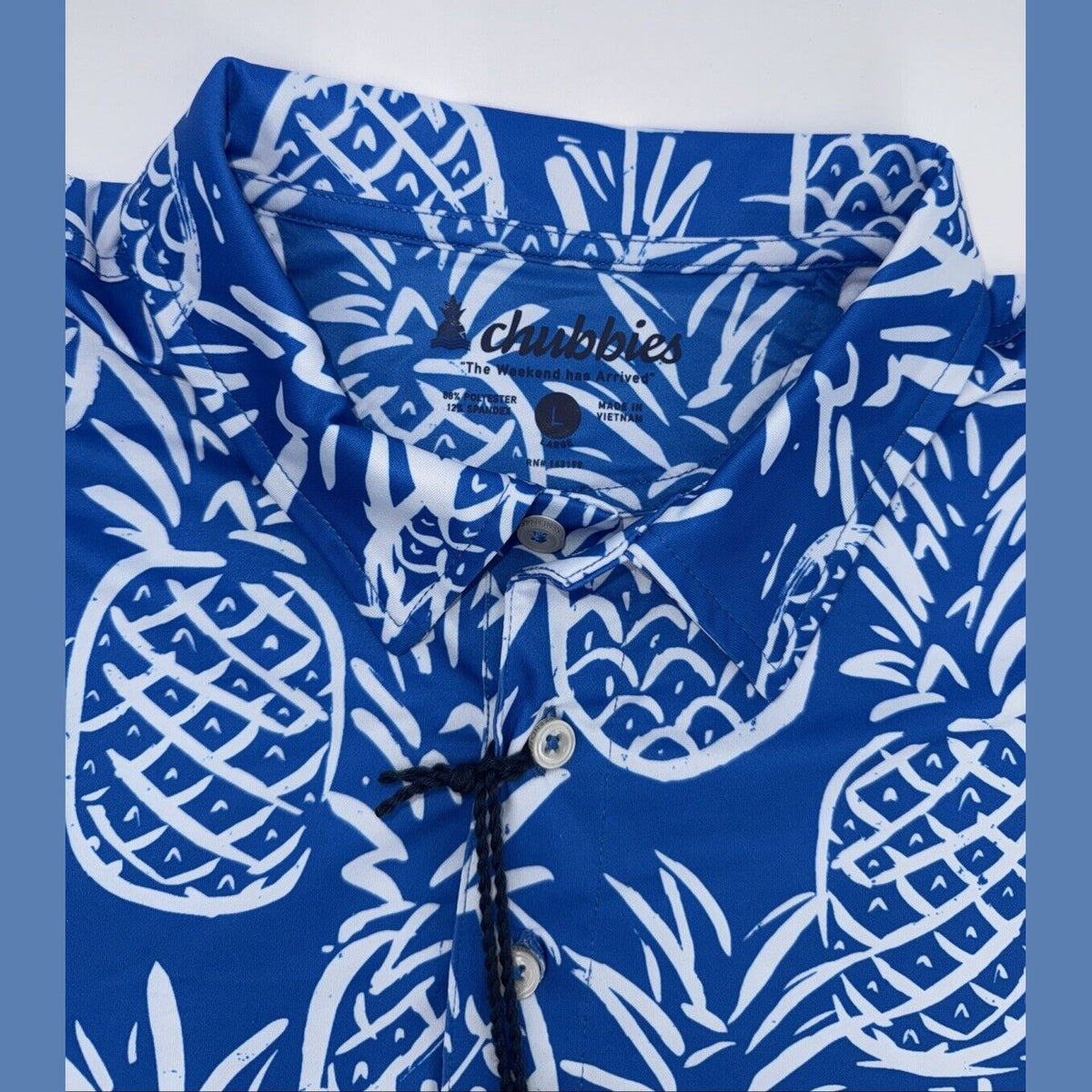 Chubbies Men's The Thigh Napple Performance Polo Shirt-Blue Pineapple-Large -New