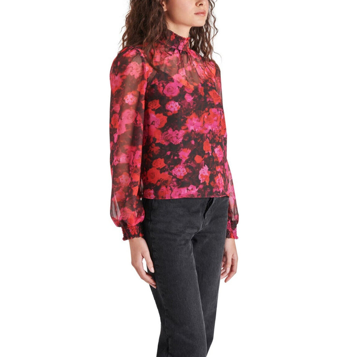 Steve Madden Women’s Floral Mock Neck Chiffon Top-Multi Pink-Medium-NWT $69