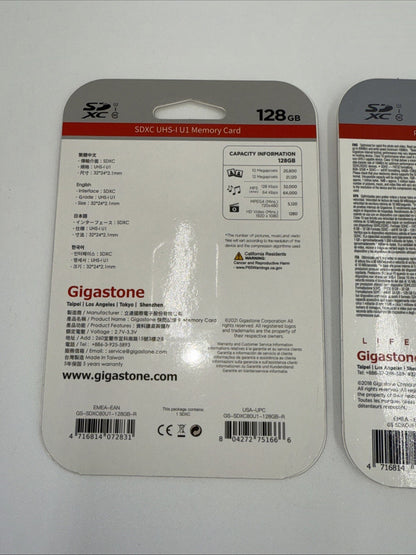 Lot Of 2 X Gigastone 128GB SD Card Class 10 SDXC Memory Card High Speed Video