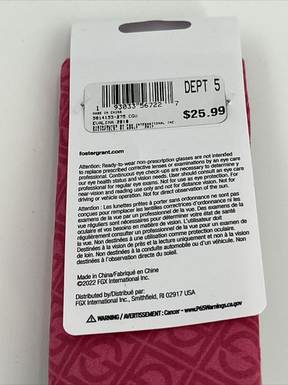 FOSTER GRANT Parissa Unisex Fashion Maroon Reading Glasses +2.75 Retail $25.99