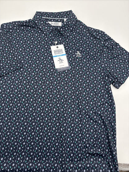 $90 Original Penguin Men’s All Over Augusta  Golf Polo-Black Iris-Medium-New