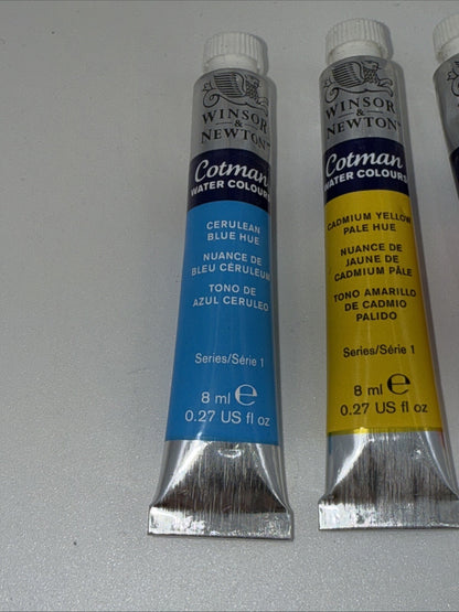 Combo Lot Of 3 Winsor & Newton Cotman Water Colours, 8ml, Red, Yellow, Blue