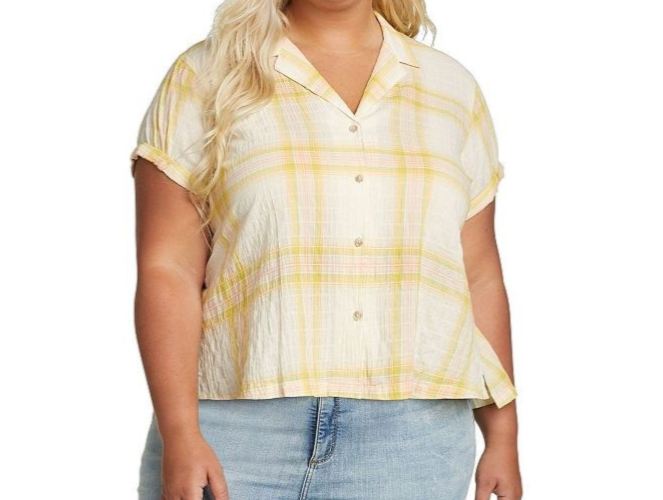 $60 Eddie Bauer Women’s Plaid Packable Camp Shirt - Gold Dust - Medium - New Tag
