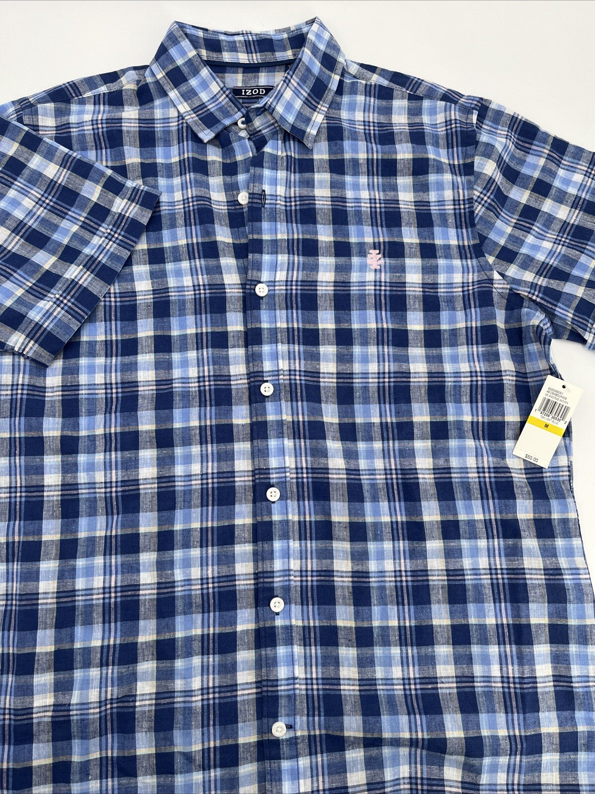 $50 Izod Men’s Linen Blend Madras SS Button Up Shirt-Twilight Blue Plaid-Medium
