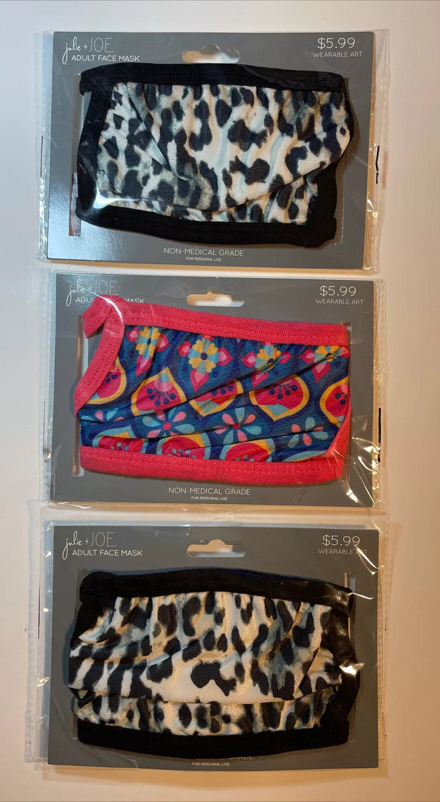 Lot Of 3 Julie & Joe Women ADULT FACE MASK - Assorted Styles - 3 pc